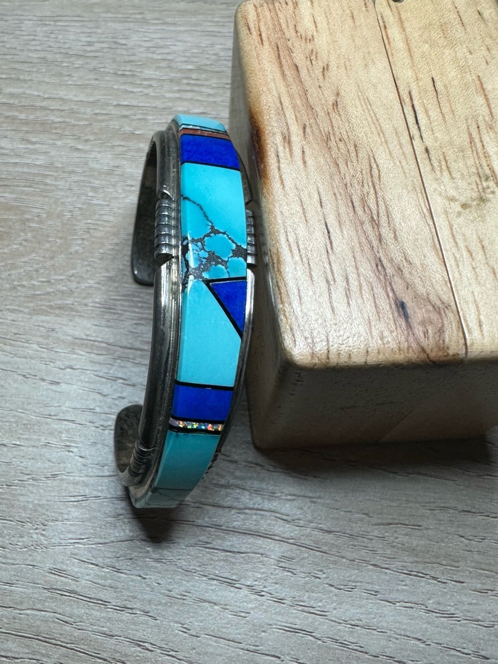 Sterling Silver Turquoise & Lapis Inlay Cuff Bracelet signed EJ